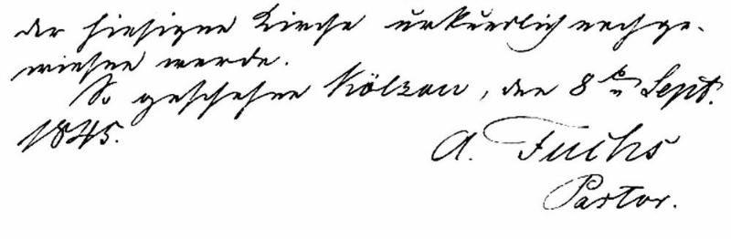 Pastor Adolf Fuchs' signature on his letter of resignation